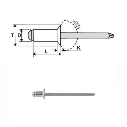 Popszegecs 10x6,3 süllyesztett fejű alu/acél, átfogás 5,5 - 7