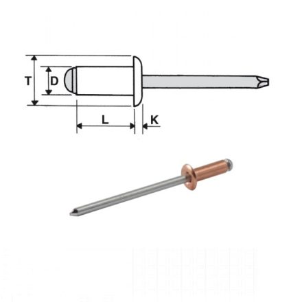 Popszegecs 4x7 dombor fejű réz/acél, átfogás 2 - 0,35, nyitott