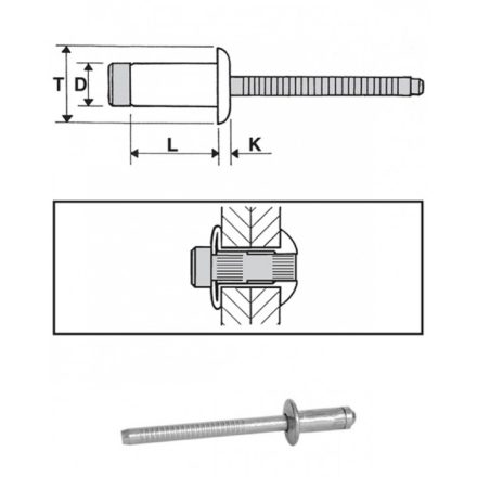 Popszegecs 7,8x28,5 dombor fejű acél/acél, átfogás 19-22, nyitott