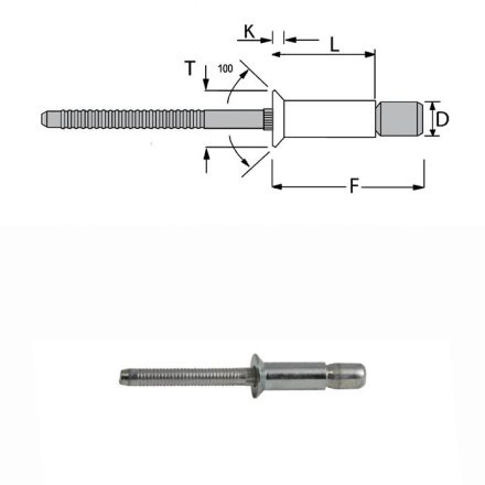 Popszegecs 6,4x17 süllyesztett fejű acél/acél, átfogás 4,3-12