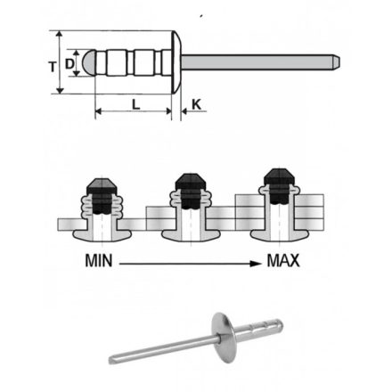 Popszegecs 4x8 extra nagyfejű alu/acél, MULTIFIX, átfogás 0,8 - 4,7