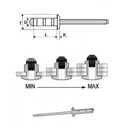 Popszegecs 4x9,5 dombor fejű alu/A2, MULTIFIX, átfogás 1 - 6, nyitott